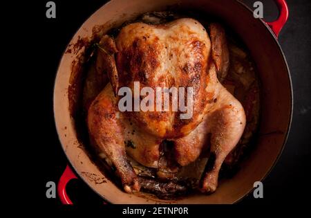 pollo arrosto intero in citronella e latte di cocco, forno olandese Foto Stock