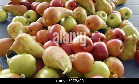 Pere e mele su sfondo bianco. Un sacco di pere e mele su bianco. rendering 3d Foto Stock