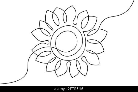 Elemento girasole a una linea. Bianco e nero monocromo continuo monolinea art. Floral natura Donna giorno regalo romantica data illustrazione schizzo Illustrazione Vettoriale