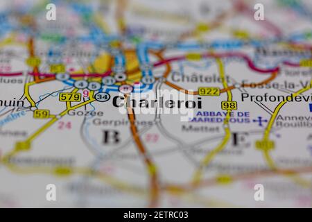 Charleroi mostrato su una mappa stradale o su una mappa geografica e. atlante Foto Stock