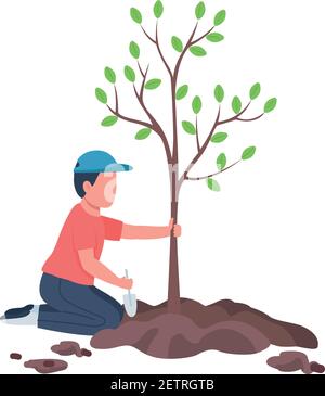 Ragazzo piantando albero piatto colore vettore carattere senza volto Illustrazione Vettoriale