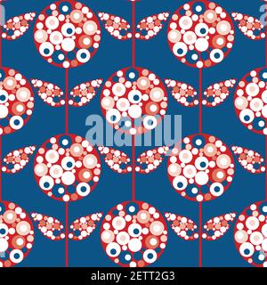 Astratto Allium vettore floreale senza cuciture motivo sfondo. Fiori e foglie moderni della metà del secolo riempiti di forme circolari in blu marino, rosso, bianco Illustrazione Vettoriale