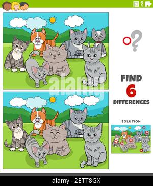 Illustrazione cartoon di trovare le differenze tra le immagini gioco educativo per bambini con gatti divertenti e personaggi gattini Illustrazione Vettoriale