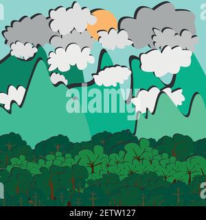 Bellezza paesaggio carta art stile con sfondo lucido vettore illustrazione, paesaggio modello con alberi e montagne Illustrazione Vettoriale