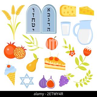 Set di icone Shavuot, stile piatto. Collezione elementi di design sulla festa ebraica Shavuot con latte, frutta, torus, , grano. Isolato su sfondo bianco Illustrazione Vettoriale