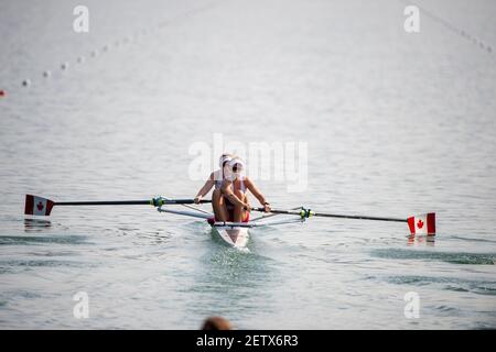 Linz, Austria, domenica 24 agosto 2019, FISA World Rowing Championship, Regatta, CAN W4-, Bow Madison MAILEY, Stephanie GRAUER, Jennifer MARTINS, Sydney PAYNE, in partenza, dal pontile di partenza, nel loro calore, [credito obbligatorio; Peter SPURRIER/Intersport Images] 10:10:08, Domenica Foto Stock