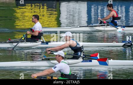 Linz, Austria, mercoledì 28 agosto 2019, FISA World Rowing Championship, Regatta, Start Area, USA PRM1X, Blake HAXTON, Allontanandosi, dal pontile di partenza, nel rechage, [Mandatory Credit; Peter SPURRIER/Intersport Images] 10:23:03 28.08.19 Foto Stock