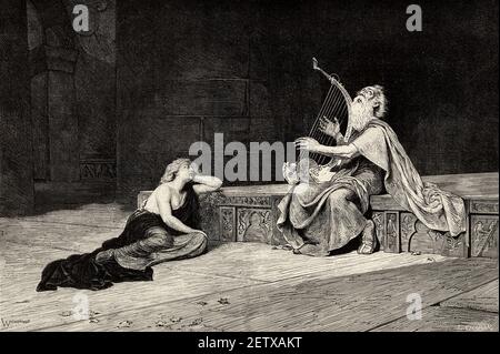 Ossian suonando l'arpa e cantando e Malvina. Antica illustrazione incisa del XIX secolo, El Mundo Ilustrado 1881 Foto Stock