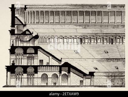 Un'incisione raffigurante una sezione trasversale del Colosseo, Roma, antico impero romano. Italia, Europa. Antica illustrazione incisa del XIX secolo, El Mundo Ilustrado 1881 Foto Stock