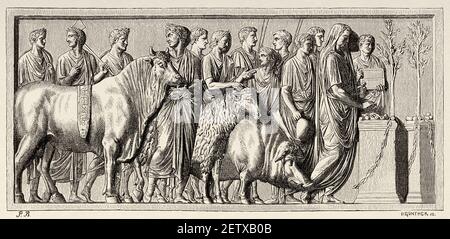 Cerimonia rituale di sacrificio animale nell'antica Roma, antico impero romano. Italia, Europa. Antica illustrazione incisa del XIX secolo, El Mundo Ilustrado 1881 Foto Stock