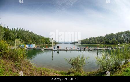 Linz, Austria, mercoledì 28 agosto 2019, Campionato del mondo di canottaggio FISA, Regata, Vista Generale, GV, Area iniziale, [Crediti obbligatori; Peter SPURRIER/Intersport Images] 12:11:41 28.08.19 Foto Stock