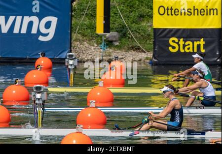 Linz, Austria, mercoledì 28 agosto 2019, FISA World Rowing Championship, Regatta, Start Area, USA W1X, Kara KOHLER, In partenza, dal pontile di partenza, nel quarto-finale, [Mandatory Credit; Peter SPURRIER/Intersport Images] 12:53:01 28.08.19 Foto Stock