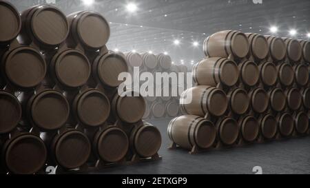 Botti di vino, whisky, liquore borbonico o cognac nel seminterrato. Invecchiamento dell'alcol in botti di rovere in magazzino. Vino, birra, botti di whisky accatastati i Foto Stock