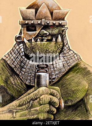 Orc con ax. Fantasy disegno a matita. Monster creatura illustrazione. Foto Stock