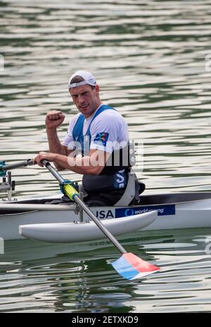 Linz, Austria, Sabato, 31 agosto 2019, Campionato Mondiale di canottaggio FISA, USA PR M1X, lato opposto alla Torre, finali A e B, [credito obbligatorio; Peter SPURRIER/Intersport Images] Foto Stock