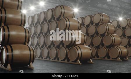 Botti di vino, whisky, liquore borbonico o cognac nel seminterrato. Invecchiamento dell'alcol in botti di rovere in magazzino. Vino, birra, botti di whisky accatastati i Foto Stock