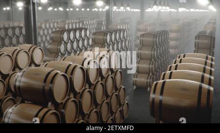 Botti di vino, whisky, liquore borbonico o cognac nel seminterrato. Invecchiamento dell'alcol in botti di rovere in magazzino. Vino, birra, botti di whisky accatastati i Foto Stock