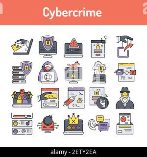 Set di icone della linea cybercrime. Elemento vettoriale isolato. Pittogrammi di contorno per pagina web, app mobile, promo. Tratto modificabile. Illustrazione Vettoriale