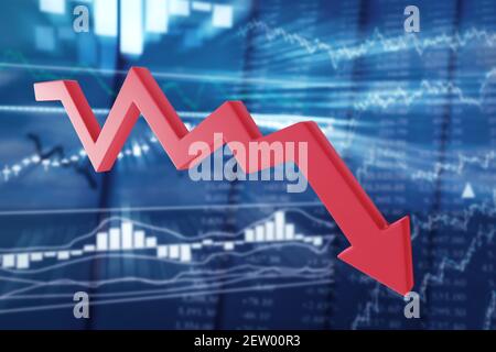 Freccia rossa che cade su uno sfondo sfocato delle quotazioni di azioni. Calo dei prezzi prolungato, concetto di mercato ribassato. illustrazione 3d Foto Stock
