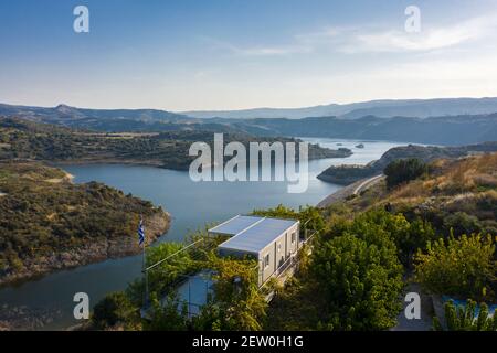 Vista aerea della diga di Evretou, Akamas, Cipro Foto Stock