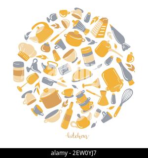 Set di utensili da cucina. Utensili da cucina, utensili da cucina, collezione di utensili da cucina. Moderno set di icone piatte, elementi grafici, oggetti per sito web, banner web Illustrazione Vettoriale