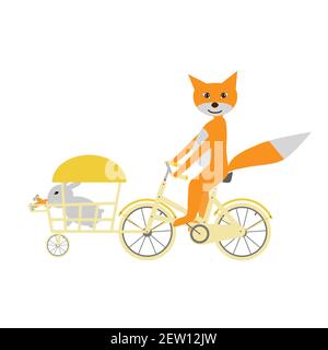 La volpe arancione che cavalcano una bicicletta e che trasportano il coniglio. Illustrazione di stock vettoriale. Illustrazione Vettoriale