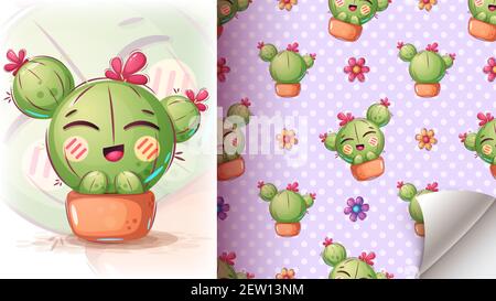 Cute illustrazione cactus - motivo senza giunture Illustrazione Vettoriale