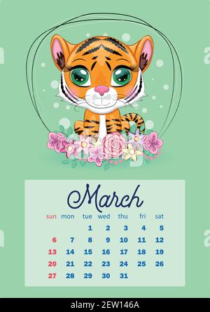 Carino Tiger Wall modello di calendario per il 2022, anno della Tigre, Calendario cinese, A4. La settimana inizia la domenica. Illustrazione Vettoriale
