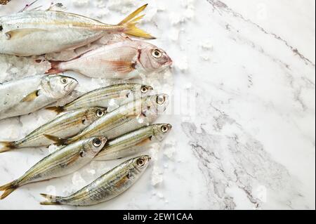Vista dall'alto di diversi tipi di pesce crudo con pezzi di ghiaccio su superficie di marmo Foto Stock