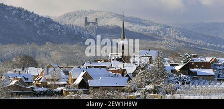 Francia, basso Reno, Alsazia strada del vino, Mittelbergheim e Haut Andlau Castello sullo sfondo Foto Stock