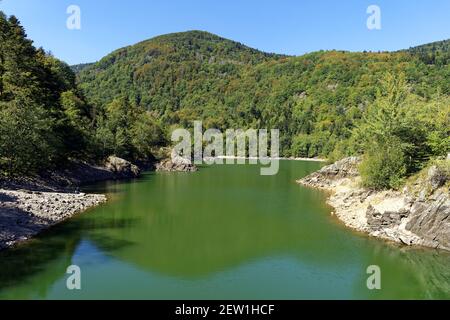 Francia, Alto Reno, valle del Doller, Sewen, diga del lago di Sewen ai piedi del Ballon d'Alsace e la cima del Ballon d'Alsace (1241 m) sullo sfondo Foto Stock