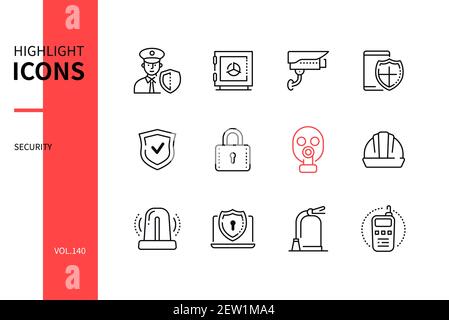 Sicurezza - Set di icone di stile moderno. Concetto di simboli e attrezzature di sicurezza. Vault, telecamera, schermo, serratura, maschera a gas, elmetto, allarme, prodotto dati Illustrazione Vettoriale