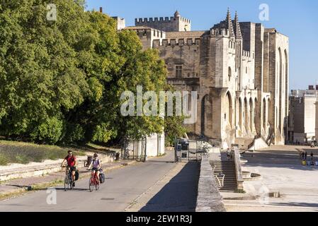 Francia, Vaucluse, Avignone, ViaRhôna, ciclisti che salgono verso il Jardin des Doms con la cattedrale Doms 12 ° secolo Foto Stock