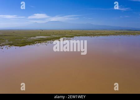 Kenya, Parco Nazionale Amboseli, Amrais e Monte Kilmandjaro (vista aerea) Foto Stock