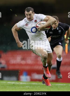 Il Jonny May dell'Inghilterra durante la partita Guinness Six Nations al Principato di Cardiff. Data immagine: Sabato 27 febbraio 2021. Vedi la storia della PA RUGBYU Wales. Il credito fotografico dovrebbe essere: David Davies/PA Wire. RESTRIZIONI: L'uso è soggetto a limitazioni. Solo per uso editoriale, nessun uso commerciale senza previo consenso del titolare dei diritti. Foto Stock