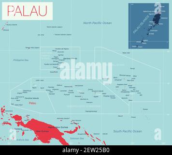 Palau Mappa dettagliata modificabile con città e città, siti geografici. File vettoriale EPS-10 Illustrazione Vettoriale