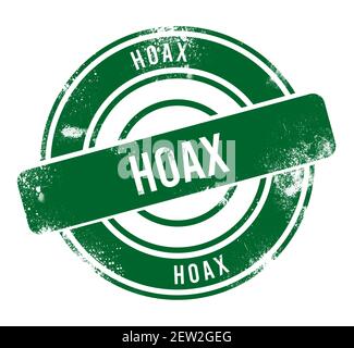 Hoax - pulsante verde rotondo grunge, timbro Foto Stock
