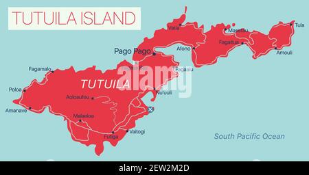 Isole Tutuila Mappa dettagliata modificabile con città e città, siti geografici. File vettoriale EPS-10 Illustrazione Vettoriale