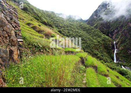 Choquequirao, una delle migliori rovine Inca del Perù. Sentiero escursionistico Choquequirao Inca vicino a Machu Picchu. Regione di Cuzco in Perù. Campi terrazzati Foto Stock