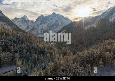 Foto aerea di splendido paesaggio montano invernale. Drone che si muove sopra la valle con pineta innevata. Foto Stock