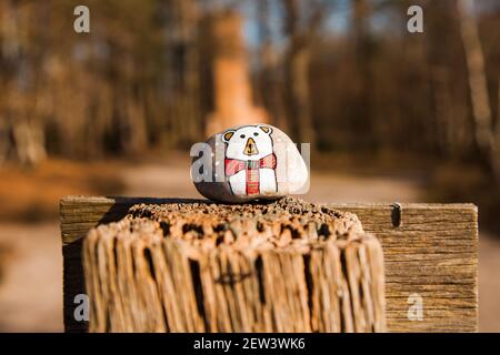 Rock painting, animale dipinto di ghiaia, orso polare, Ockham Common Forest, Surrey UK 2021 febbraio inverno Foto Stock