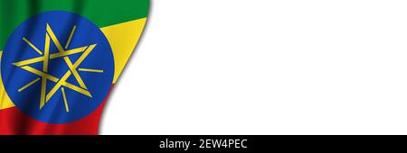 Bandiera dell'Etiopia su sfondo bianco. Sfondo bianco con posto per il testo vicino alla bandiera dell'Etiopia. Foto Stock