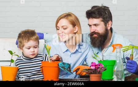 Giardinaggio di famiglia insieme. Figlio aiutare padre e madre a piantare fiori. Bambino aiuta i genitori a prendersi cura delle piante. Foto Stock