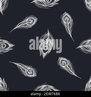 Motivo senza cuciture con piume di pavone in gesso disegnate a mano Illustrazione Vettoriale