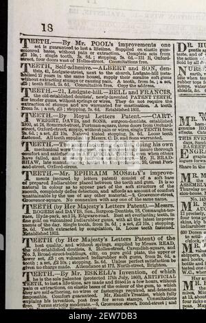 Annunci per denti (fabbricazione di denti artificiali) sul giornale Times Londra martedì 3 marzo 1863. Foto Stock