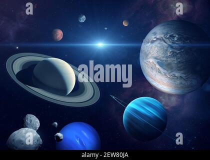 Sistema solare pianeta, sole e stella. Sole, Mercurio, Venere, pianeta Terra, Marte, Giove, Saturno, Urano, Nettuno. Elementi di questa immagine forniti dalla NASA Foto Stock