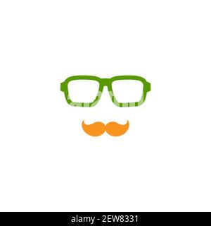 Silhouette della testa dell'uomo con baffi arancioni e occhiali da hipster verdi. Avatar semplice verde isolato su bianco. Immagine piatta vettoriale. Illustrazione Vettoriale