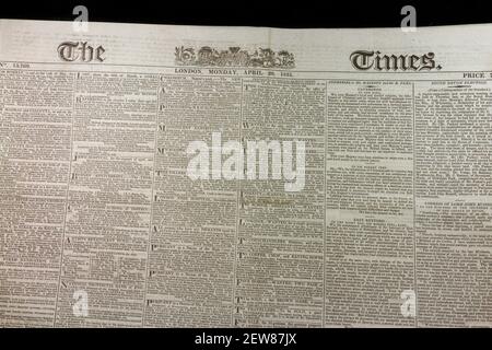 Mast head e la prima pagina del giornale Times (lunedì 20 aprile 1835), Londra, Regno Unito. Foto Stock