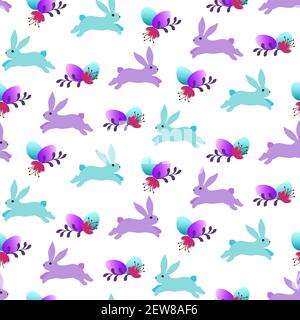 Modello - conigli colorati e uova di Pasqua con fiori. Illustrazione Vettoriale