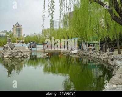 Pechino, Cina - 25 aprile 2010: Paesaggio di quartiere Hujialou Nandi. Laghetto d'acqua verde con alberi di fogliame intorno sotto il cielo d'argento e buil appartamento Foto Stock